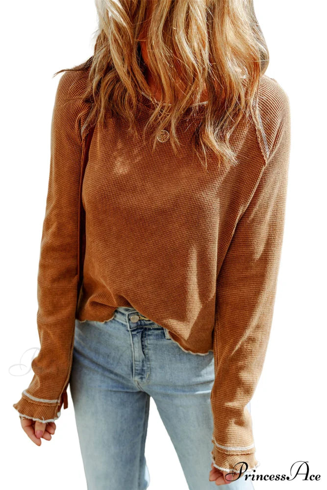Long Round Arm Neck Brown Textured Top