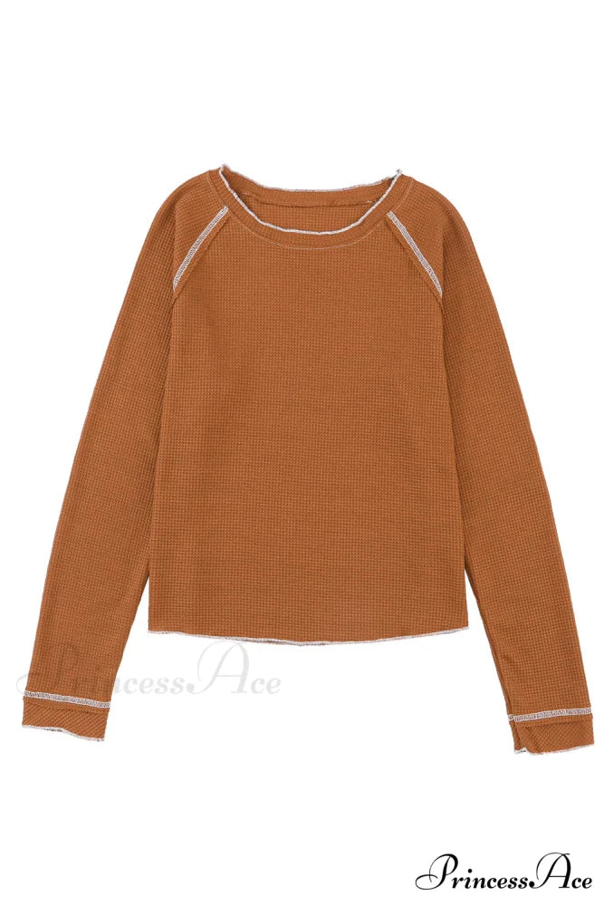Long Round Arm Neck Brown Textured Top