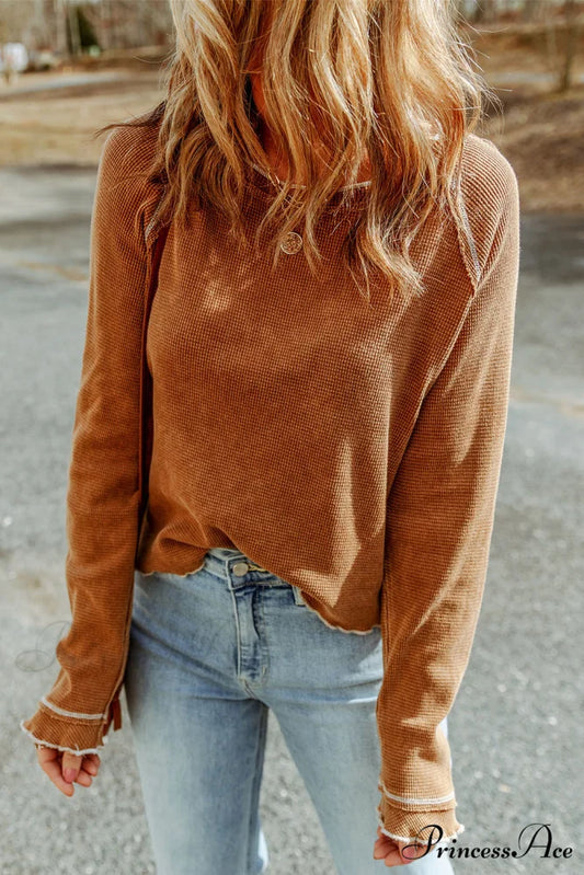 Long Round Arm Neck Brown Textured Top Brown / S / 95% Polyester + 5% Elastane