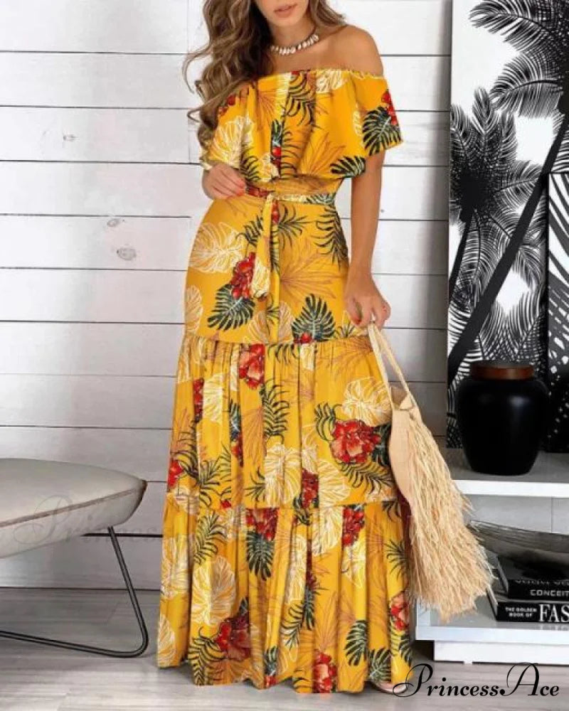 Long Ruffle Maxi Dress Yellow / XXL