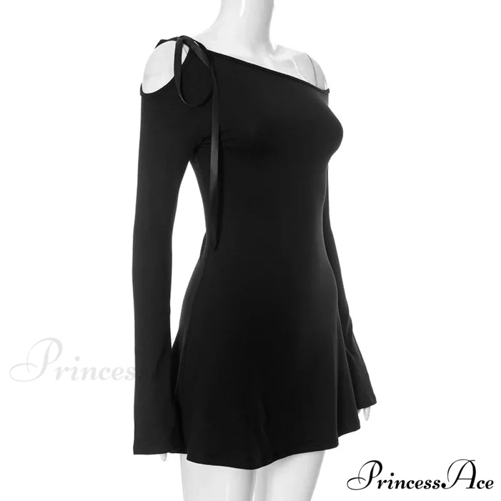 Long Shoulder Tie Up Graceful Hollow Out Mini Dress
