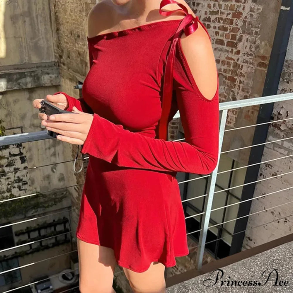 Long Shoulder Tie Up Graceful Hollow Out Mini Dress