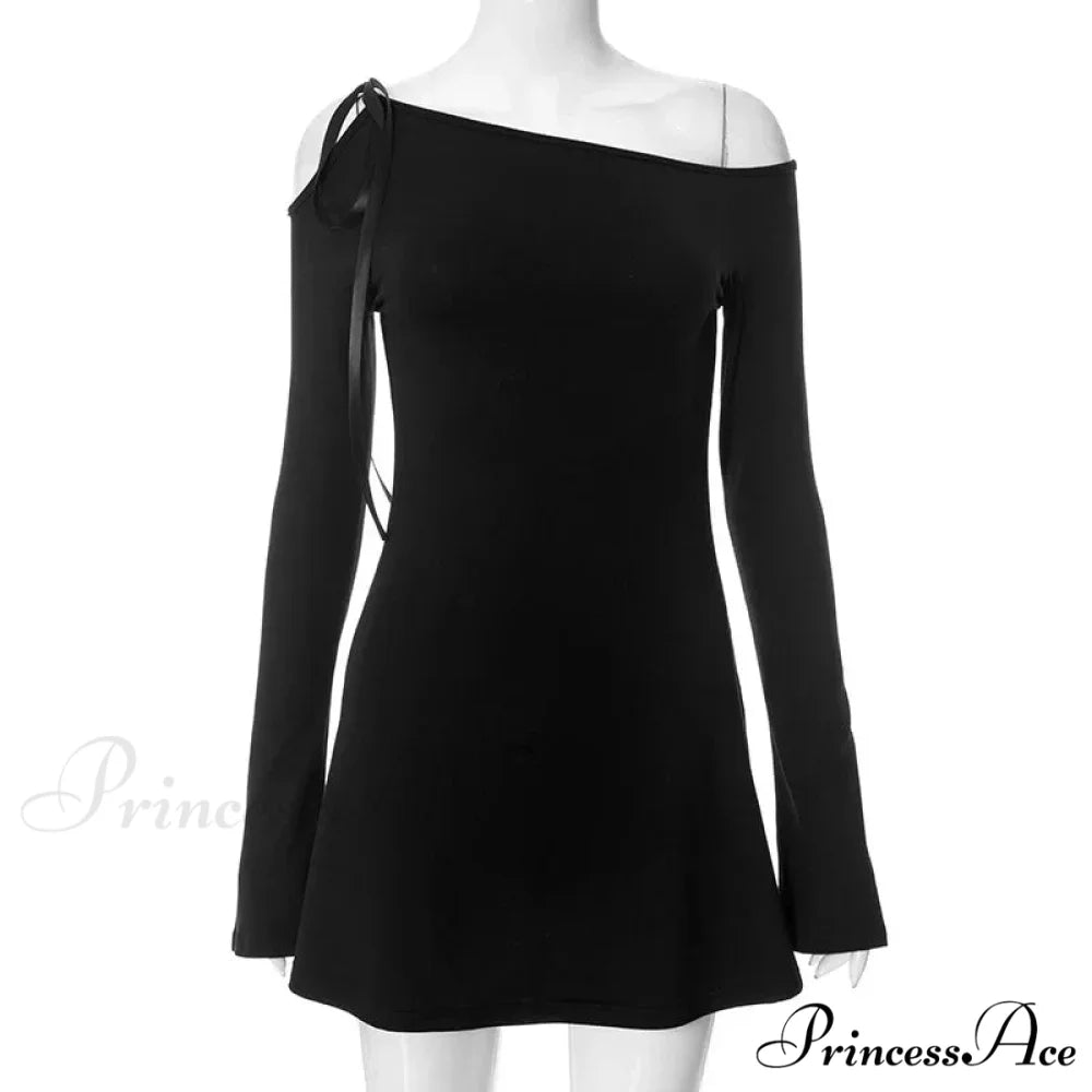 Long Shoulder Tie Up Graceful Hollow Out Mini Dress Black / S