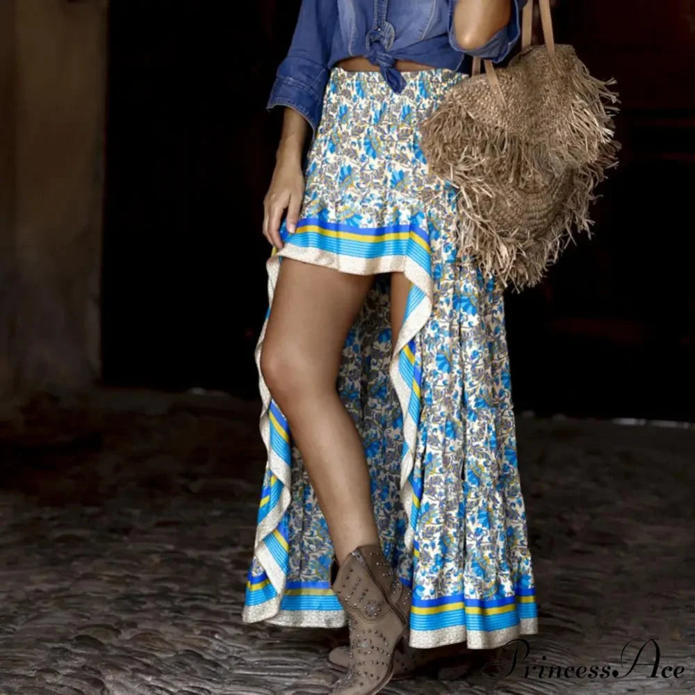 Long Skirt Tall Waist Asymmetrical Hem Floral Pattern Free-spirited Blue / S skirt-250126