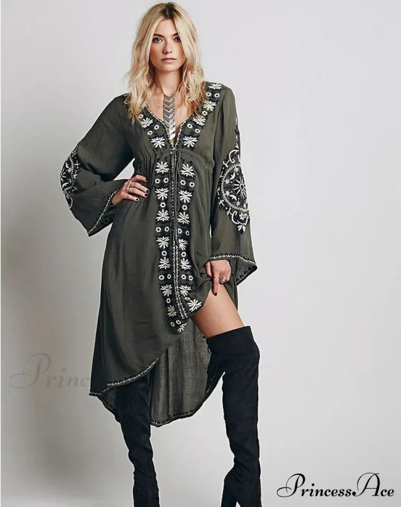 Long Sleeve Antique Flower Stitched Cotton Tunic Dress Black / S bohodress-250126