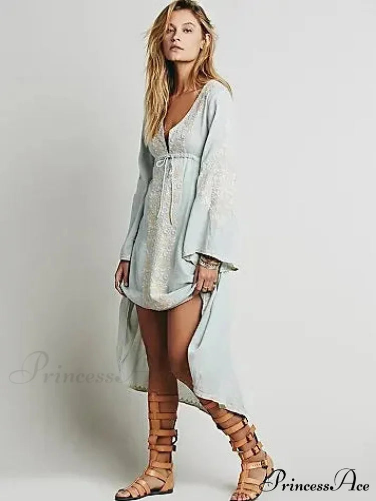 Long Sleeve Antique Flower Stitched Cotton Tunic Dress Light blue / S bohodress-250126