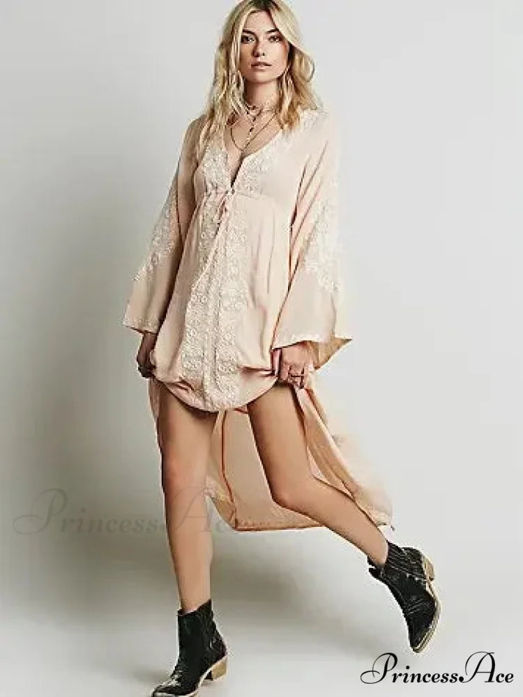 Long Sleeve Antique Flower Stitched Cotton Tunic Dress Orange Pink / S bohodress-250126