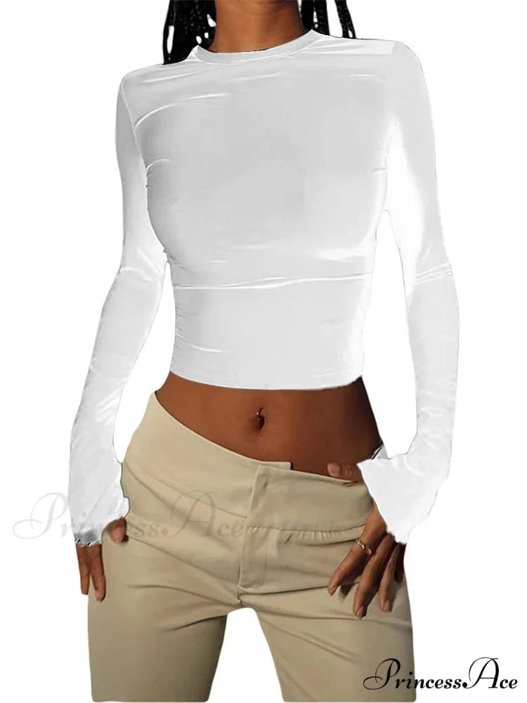 Long Sleeve Backless Casual Slim Fit Pullovers T-Shirts WHITE / S