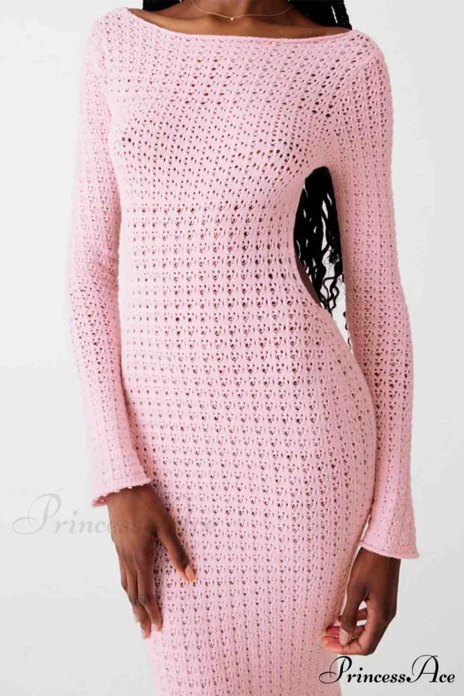 Long Sleeve Backless Knitted Midi Dress with Hollow Out Design