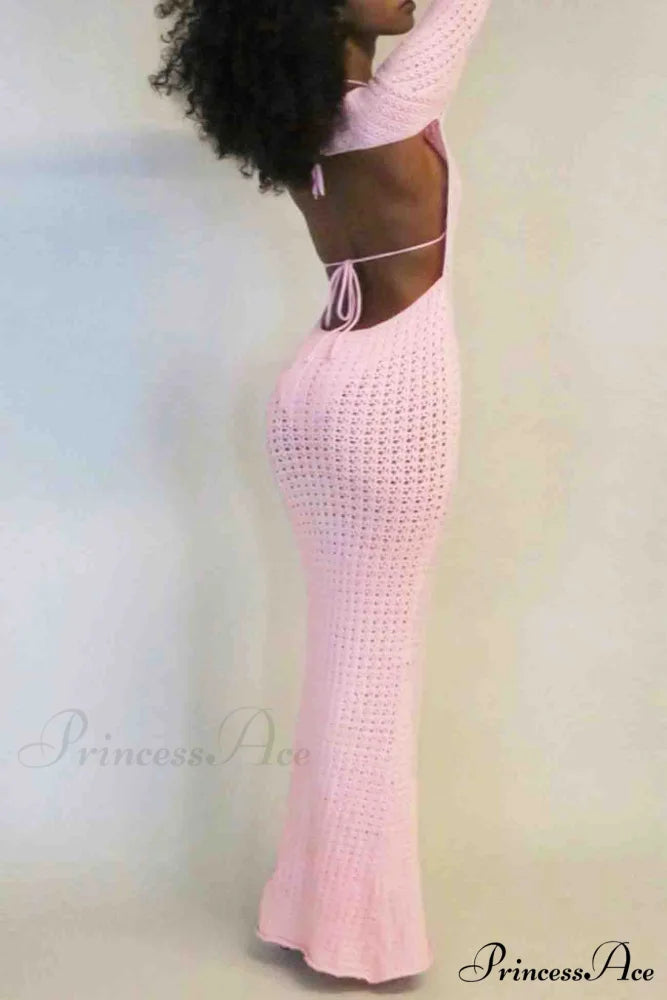 Long Sleeve Backless Knitted Midi Dress with Hollow Out Design
