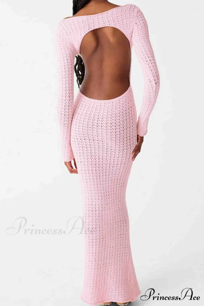 Long Sleeve Backless Knitted Midi Dress with Hollow Out Design Pink / L