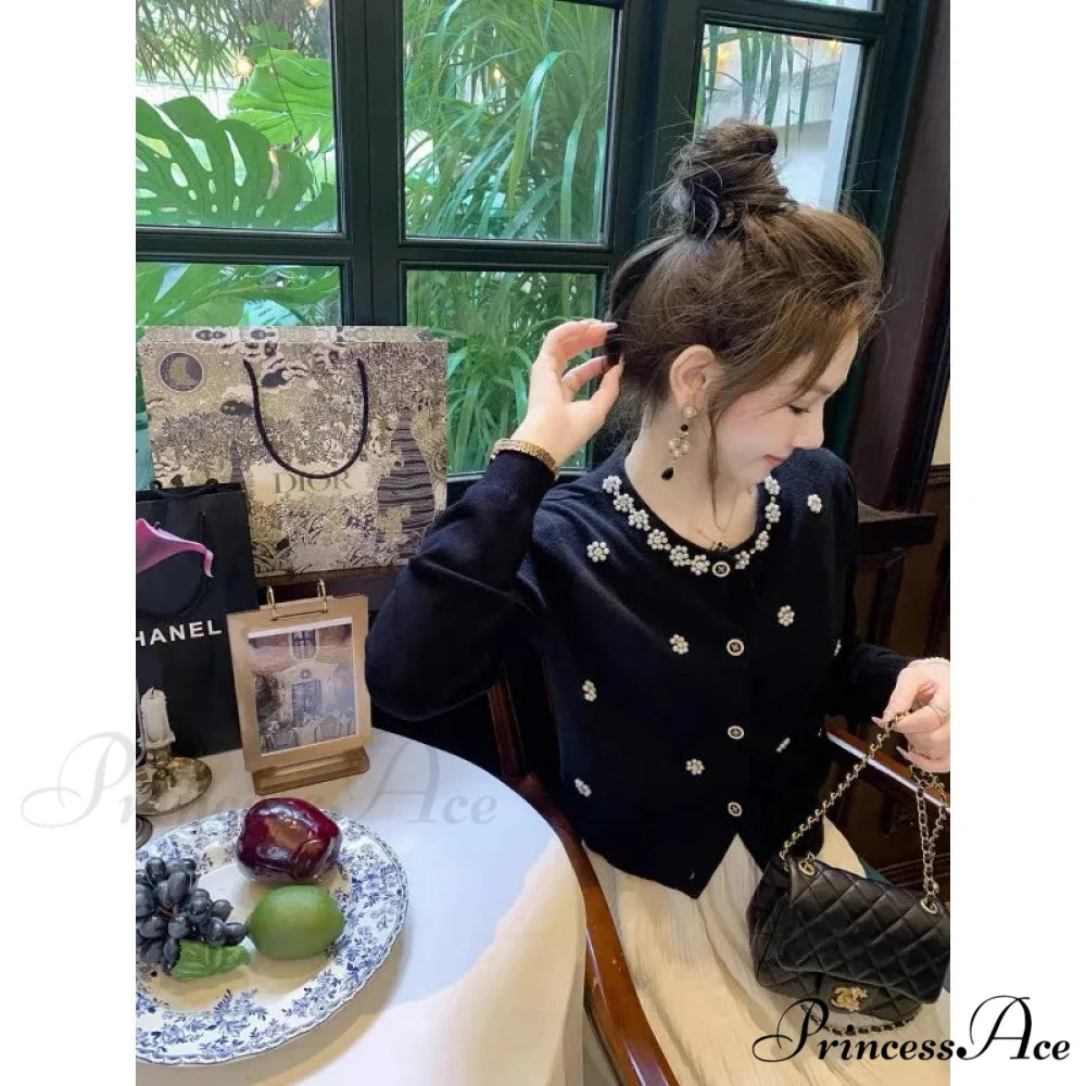 Long Sleeve Beaded Slim Cardigan Black / One Size