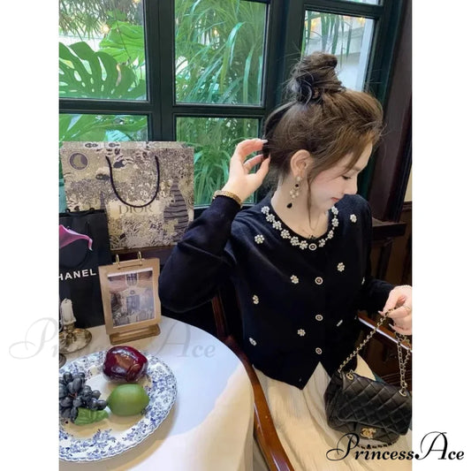 Long Sleeve Beaded Slim Cardigan Black / One Size