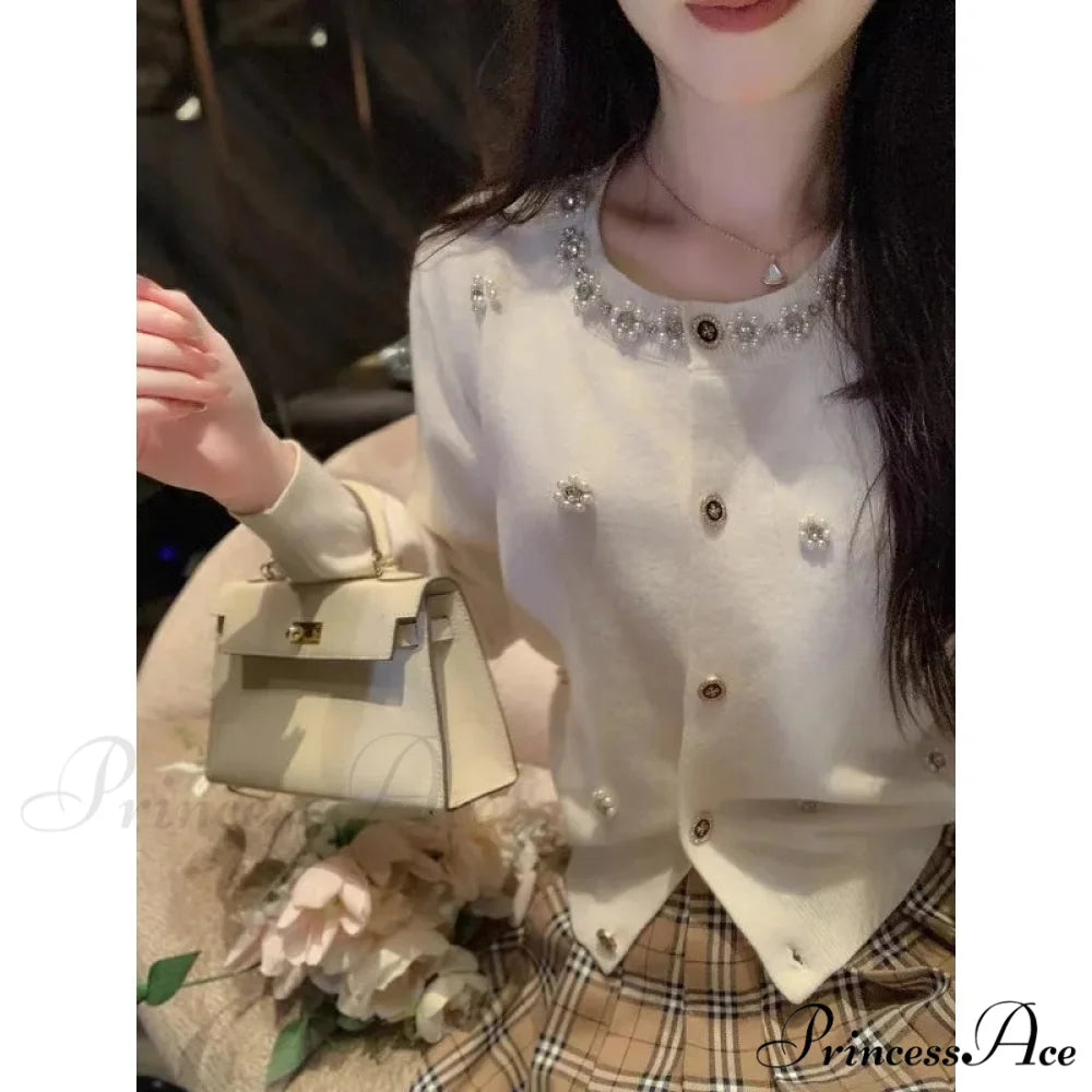 Long Sleeve Beaded Slim Cardigan WHITE / One Size