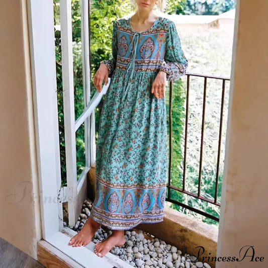 Long Sleeve Bind Neck Green Floral Maxi Rayon Boho Dress Green / S bohodress-250126