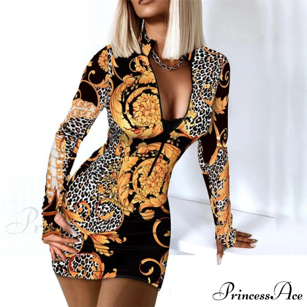 Long Sleeve Bodycon Party Dress Golden Leopard / M