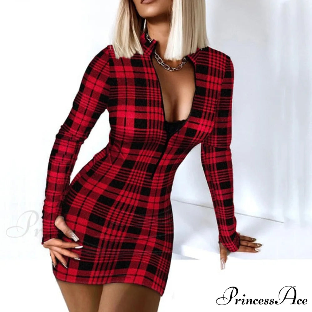 Long Sleeve Bodycon Party Dress Red / M