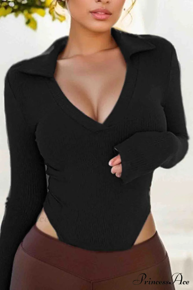 Long Sleeve Bodycon Rompers with Polo Neck Black / M