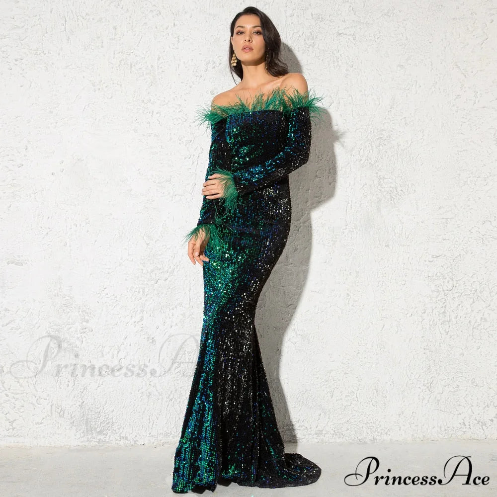 Long Sleeve Bodycon Stretchy Slash Neck Mermaid Dress