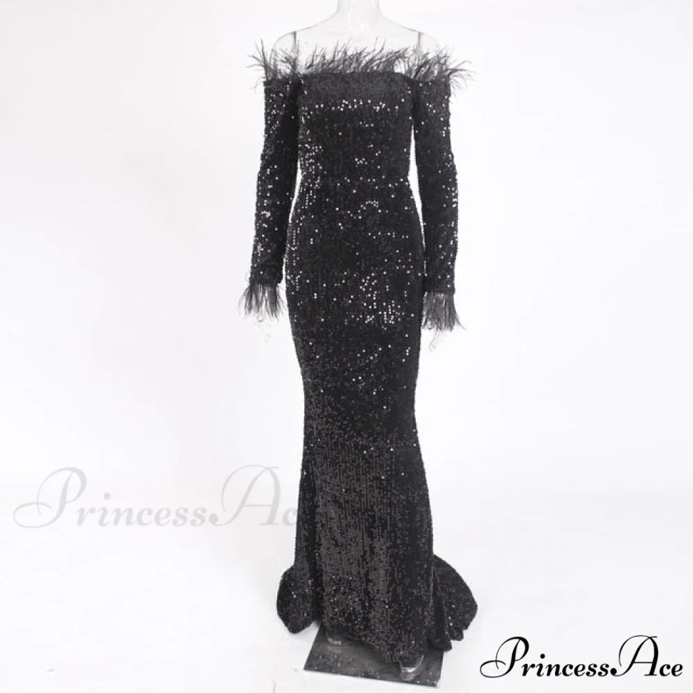 Long Sleeve Bodycon Stretchy Slash Neck Mermaid Dress Black / S