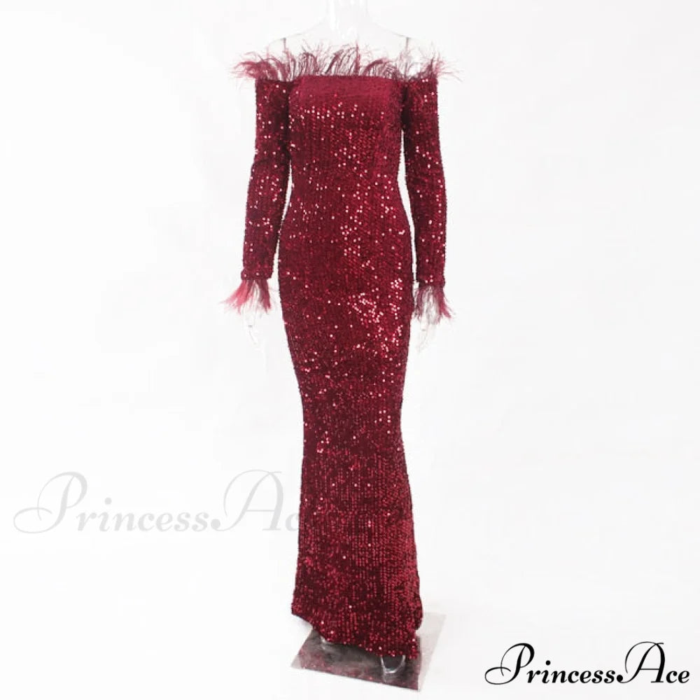 Long Sleeve Bodycon Stretchy Slash Neck Mermaid Dress Burgundy / S