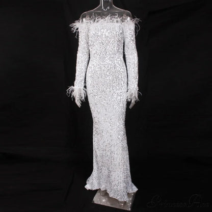 Long Sleeve Bodycon Stretchy Slash Neck Mermaid Dress White / S