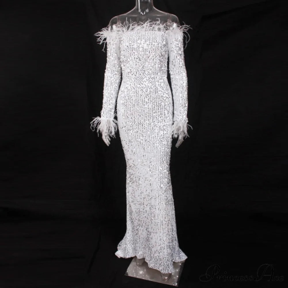 Long Sleeve Bodycon Stretchy Slash Neck Mermaid Dress White / S