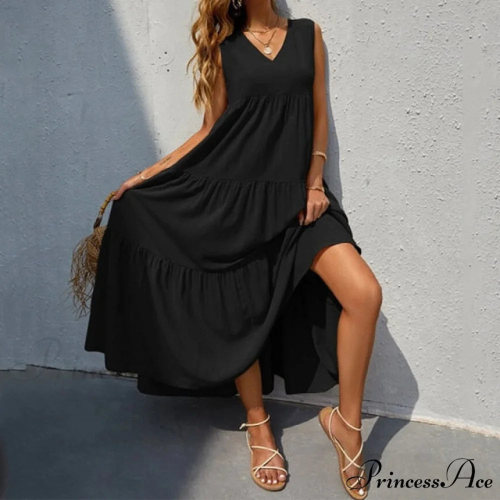 Long Sleeve Bohemian Maxi Dresses Black short sleeve / M