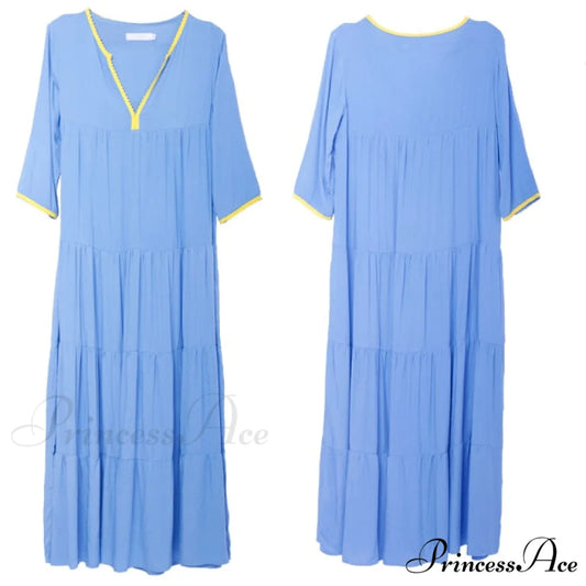 Long Sleeve Bohemian Maxi Dresses Light Blue / M