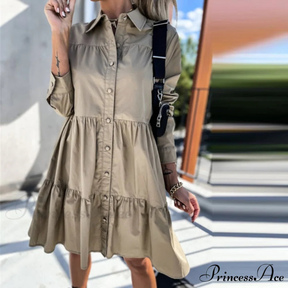 Long Sleeve Button Party Casual Loose Shirt Dress Khaki / S