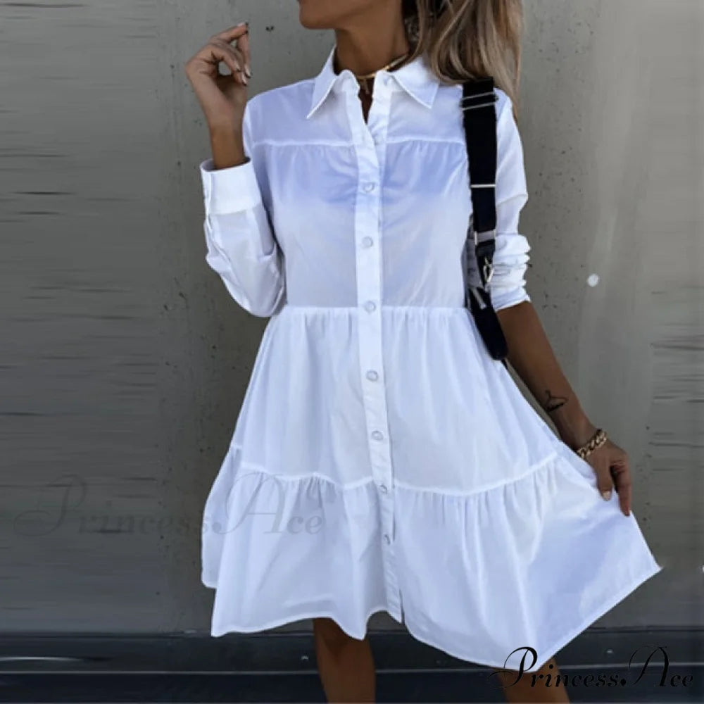 Long Sleeve Button Party Casual Loose Shirt Dress White / S