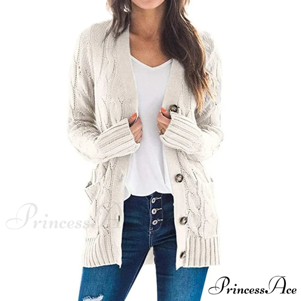 Long Sleeve Cable Loose Winter Tops Sweater Beige / S