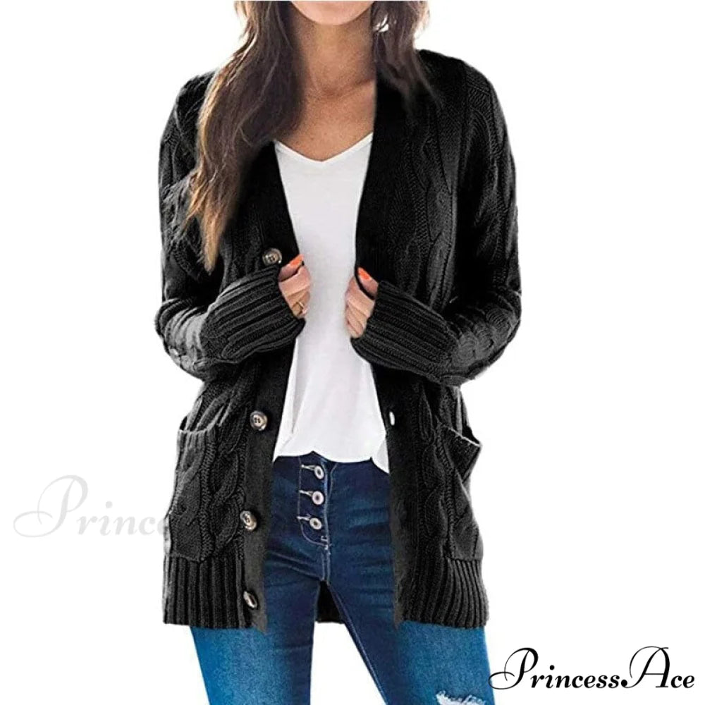 Long Sleeve Cable Loose Winter Tops Sweater Black / S