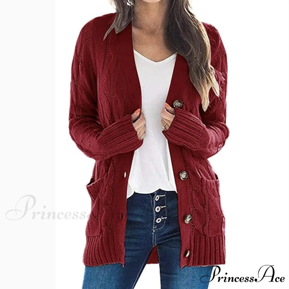 Long Sleeve Cable Loose Winter Tops Sweater Burgundy / S