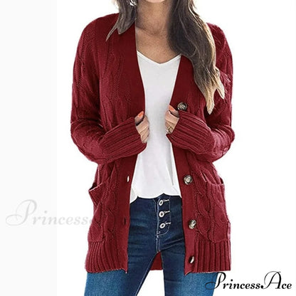 Long Sleeve Cable Loose Winter Tops Sweater Burgundy / S