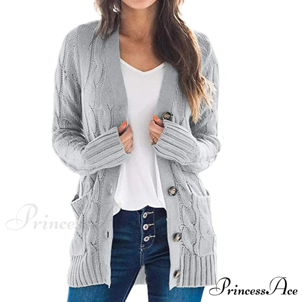 Long Sleeve Cable Loose Winter Tops Sweater Gray / S