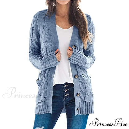 Long Sleeve Cable Loose Winter Tops Sweater Light Blue / S