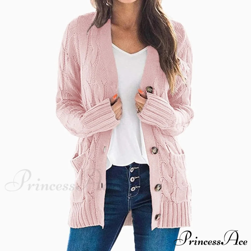 Long Sleeve Cable Loose Winter Tops Sweater Pink / S