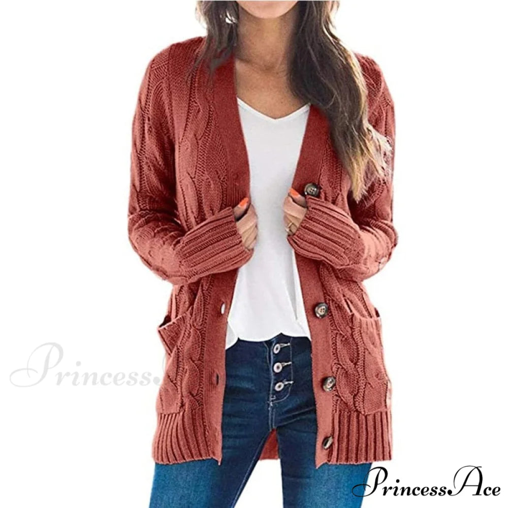 Long Sleeve Cable Loose Winter Tops Sweater Rust red / S