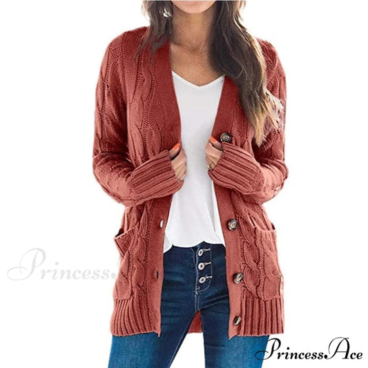 Long Sleeve Cable Loose Winter Tops Sweater Rust red / S