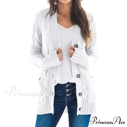 Long Sleeve Cable Loose Winter Tops Sweater White / S