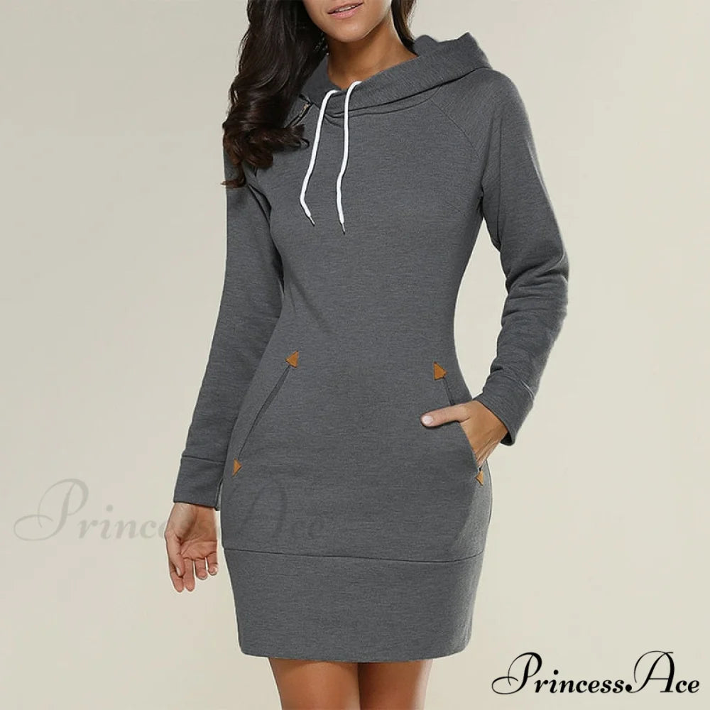 Long Sleeve Camp Collar Pocket Simple Dress