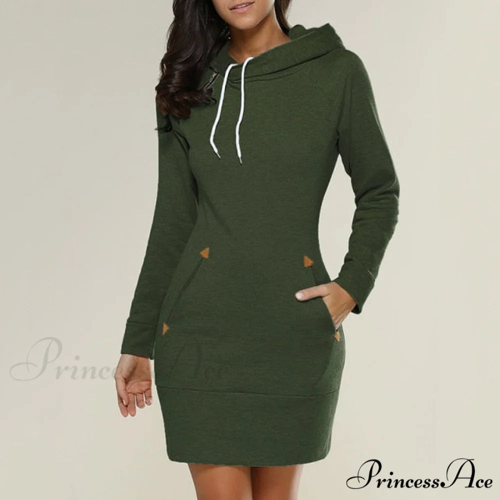 Long Sleeve Camp Collar Pocket Simple Dress green / S
