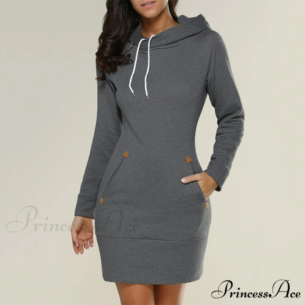 Long Sleeve Camp Collar Pocket Simple Dress grey 1 / S