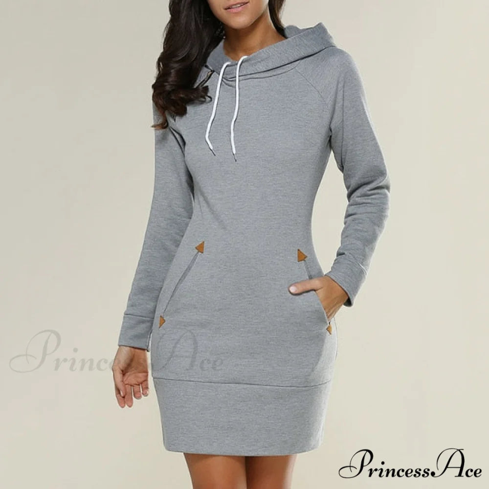 Long Sleeve Camp Collar Pocket Simple Dress grey 2 / S