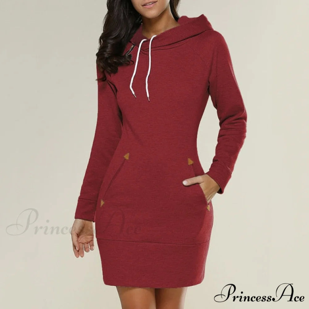 Long Sleeve Camp Collar Pocket Simple Dress Red / S