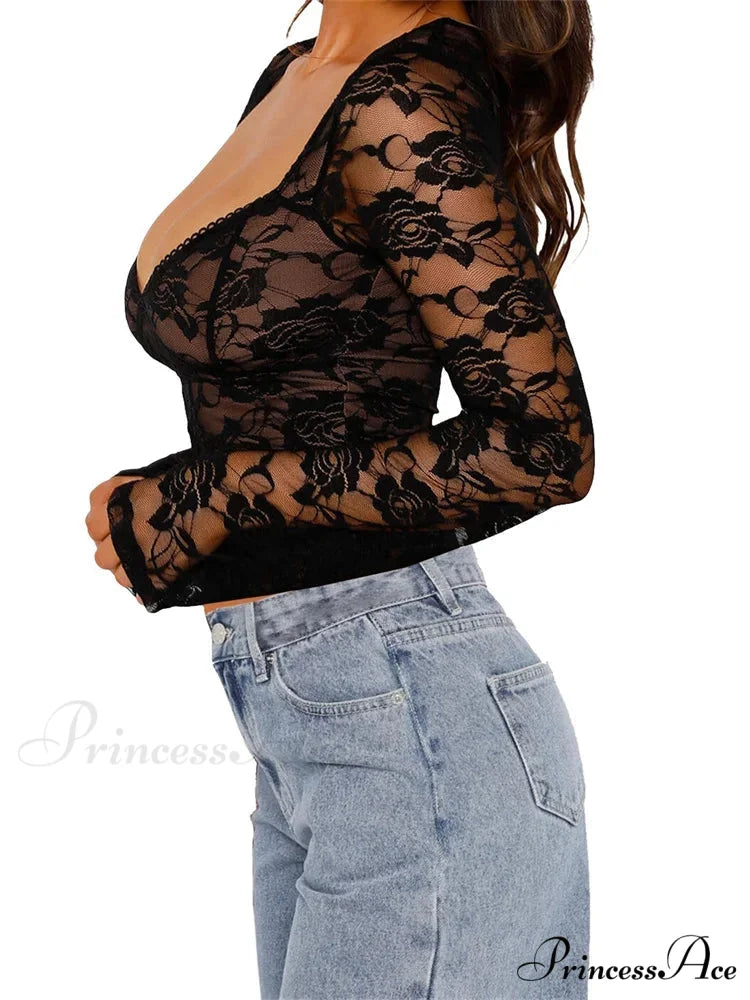 Long Sleeve Casual Lace Floral Mesh Sheer Pullover T-shirts