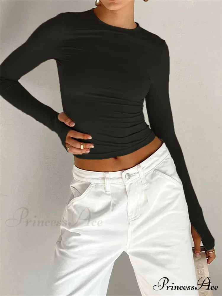 Long Sleeve Casual Pullover Thumb Hole Base T-Shirts BLACK / S