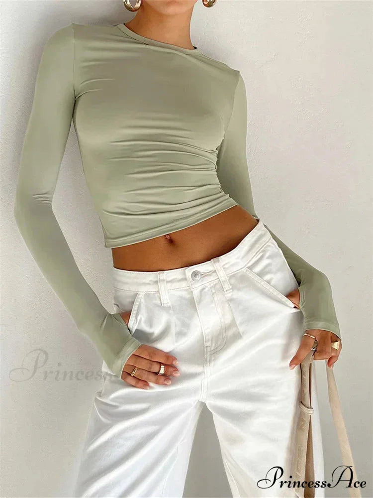 Long Sleeve Casual Pullover Thumb Hole Base T-Shirts GREEN / S