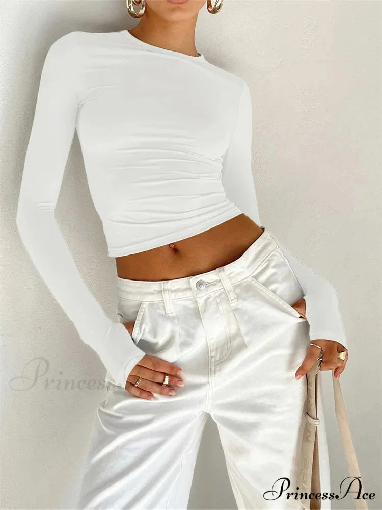 Long Sleeve Casual Pullover Thumb Hole Base T-Shirts WHITE / S